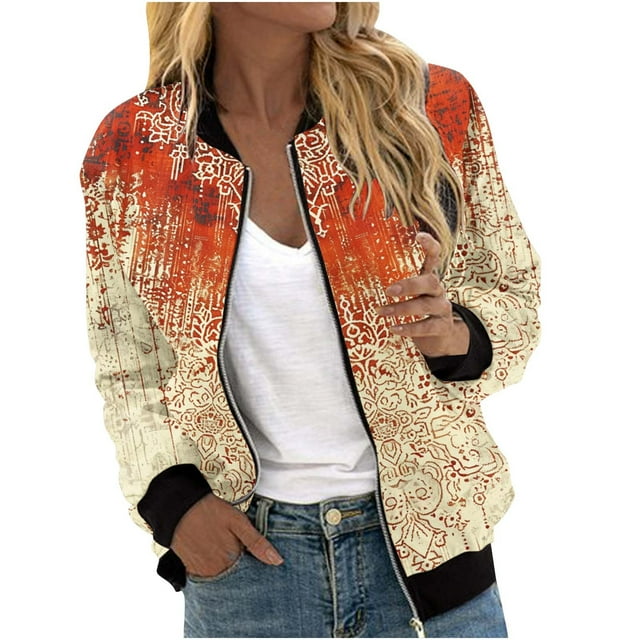Jamicy Veste Légère pour Femmes Cadeau pour Femmes 2025 Mode Fermeture Éclair Cardigan à Manches Longues Blouse Imprimée Florale Rétro Chandails en Molleton Décontractés Coupe Ample