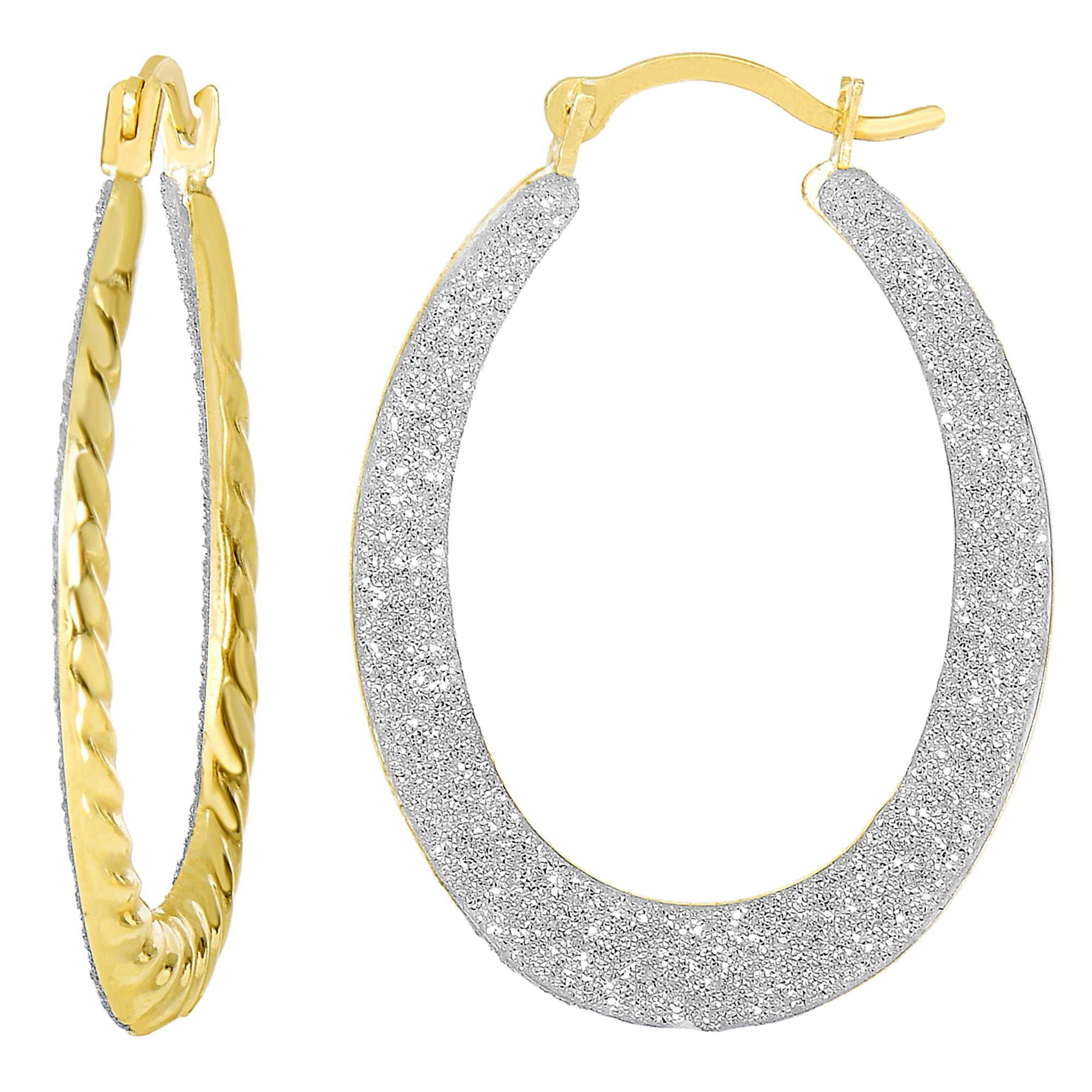 10k 2 Tone Yellow And White Gold Glitter Oval Hoop Earrings, Diameter 20mm