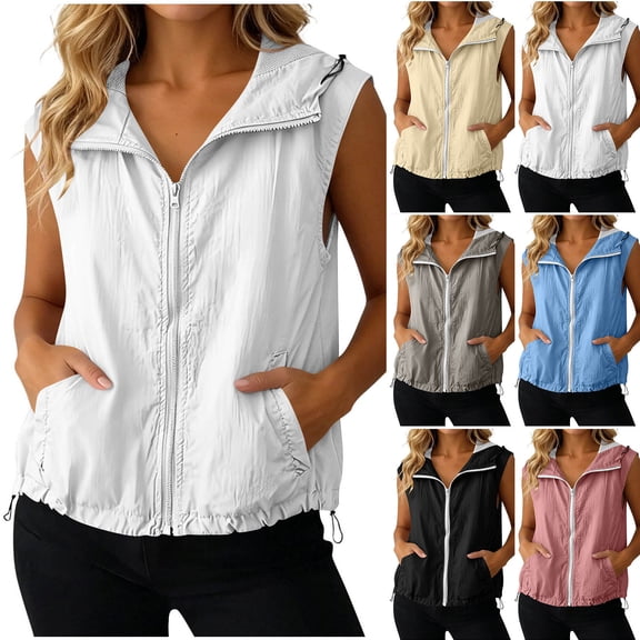 FRSASU Women's Sleeveless Hoodie Vest Zip Up Breathable Lightweight Jacket Drawstring Casual Athletic Sun Protection Shirt with Pocket White-C