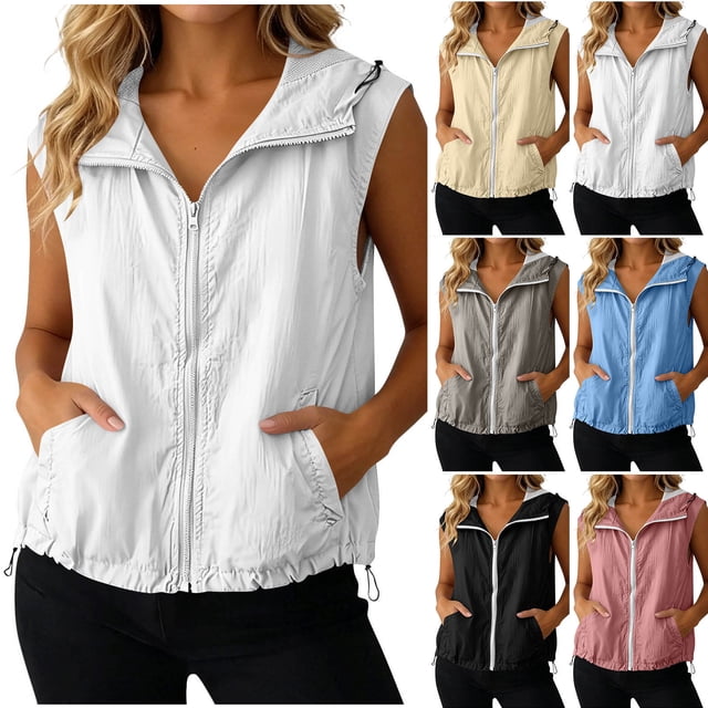 Neewe Women's Zip Up Sweatshirts Sleeveless Oversized Casual Solid Color Sweatshirt with pockets