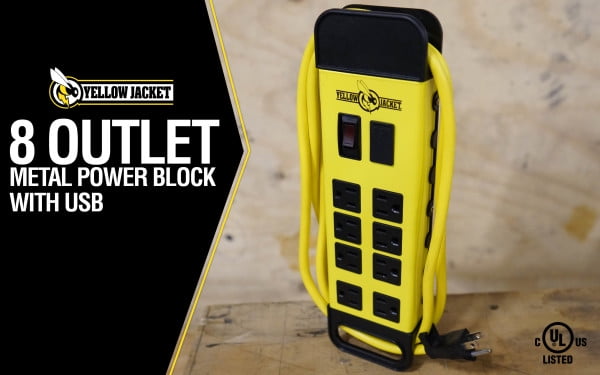 Yellow Jacket 5148 Yellow 8-Outlet Metal Power Block with 2.4A USB Ports and Debris Covers