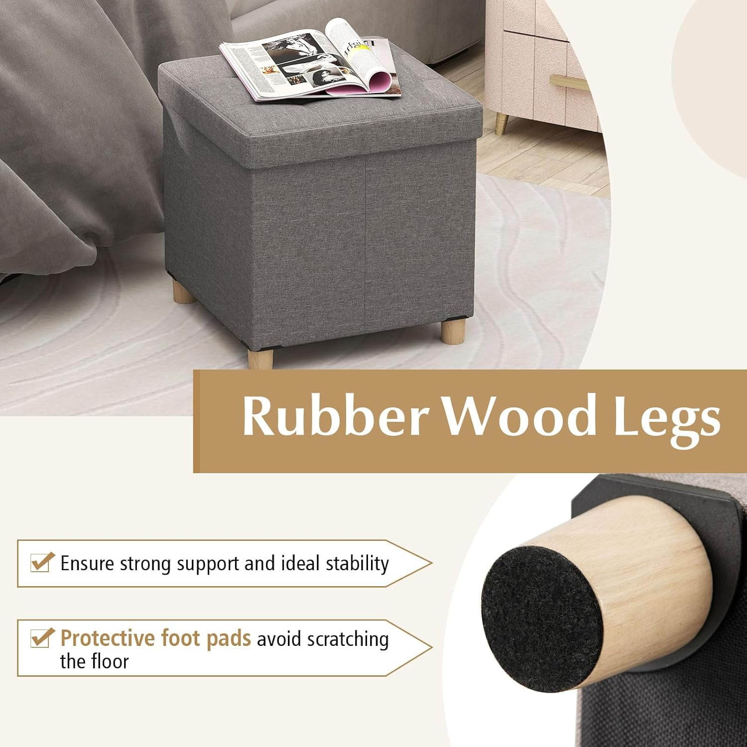 WBTER 18 Inches Storage Ottoman, Linen Fabric Cube Footstool with Rubber Wood Legs, Side Table with Flip Top Tray, Square Foot Rest Stool, Shoe Changing Stool for Living Room, Bedroom, Entryway