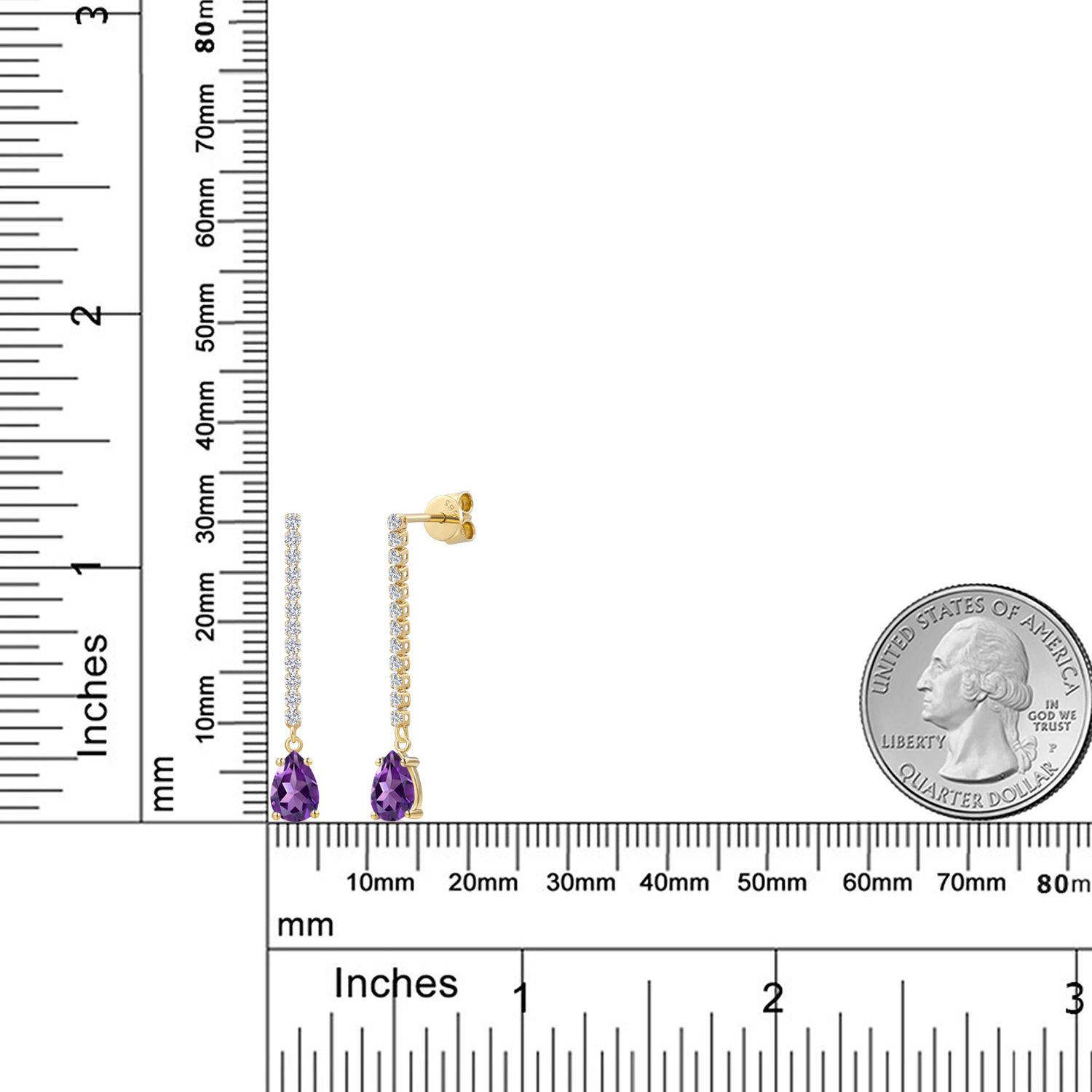 14K Yellow Gold Purple Amethyst and White Lab Grown Diamond Long Liner Dangle Earrings for Women | 1.64 Cttw | Gemstone February Birthstone | Pear Shape 7X5MM | White Gold Chain Drop Earrings
