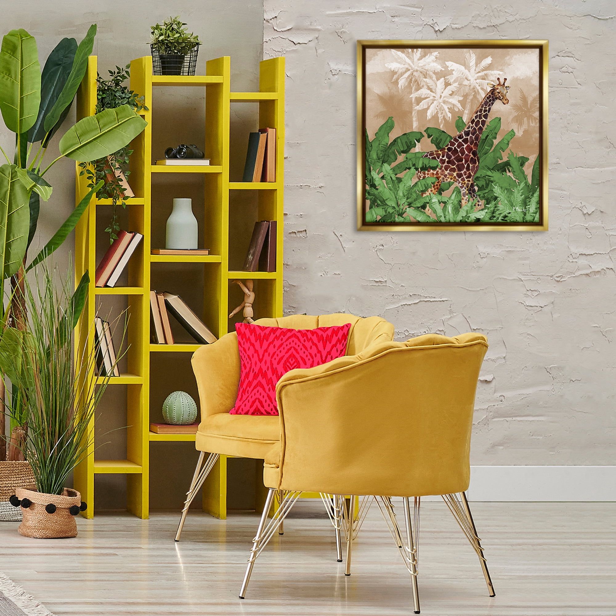 Stupell Industries Jungle Life Giraffe Animals & Insects Painting Gold Floater Framed Canvas Art Print Wall Art, 25 x 25
