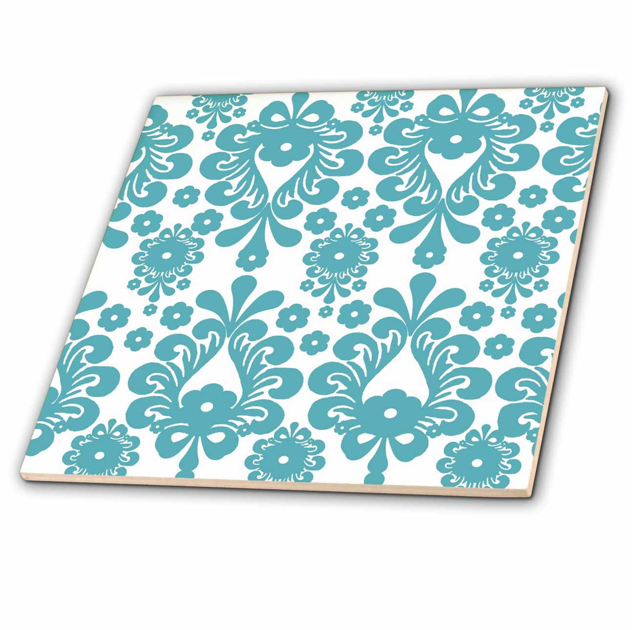 3dRose ct_164508_5 Chic Aqua Teal and White Abstract Floral Glass Tile 4-Inch