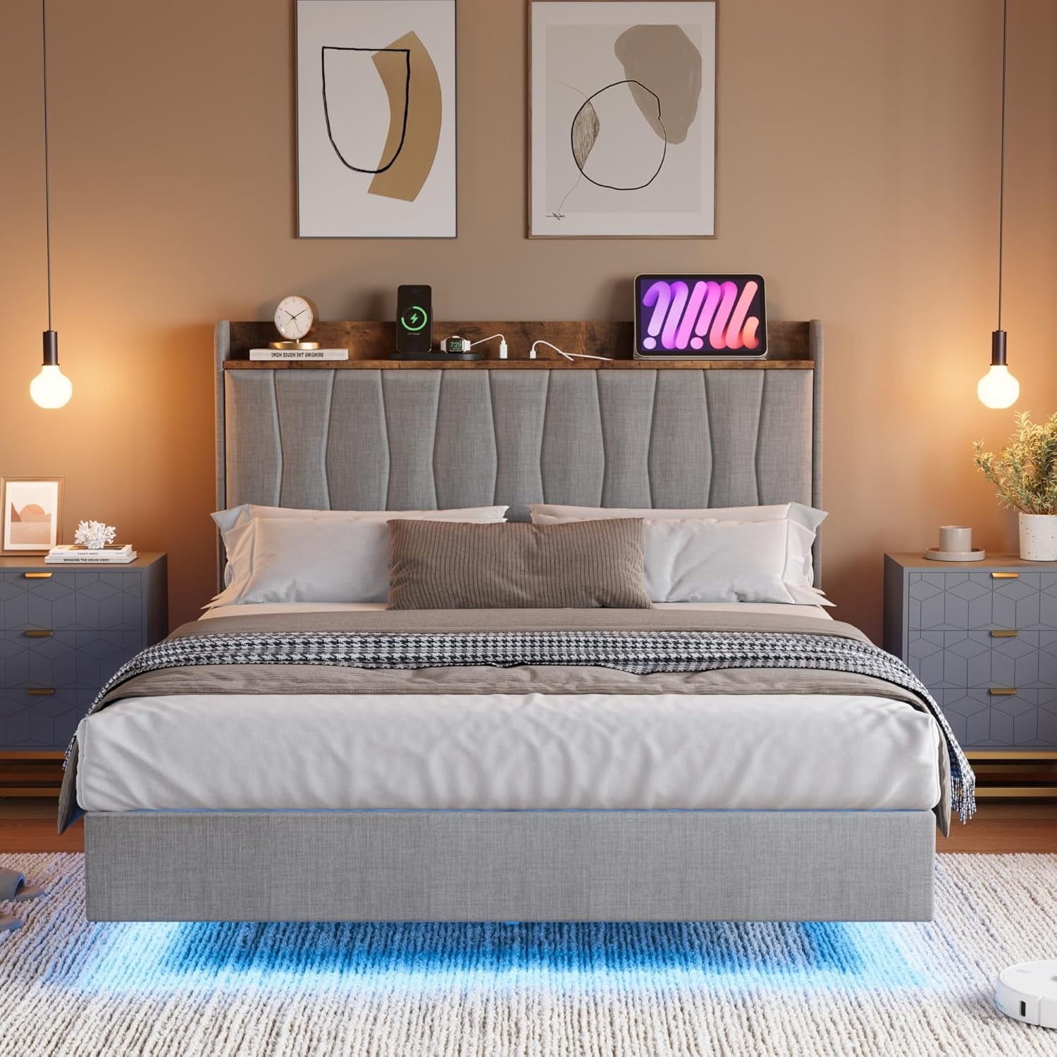 Eastvita Full Size Floating Upholstered Platform Bed Frame - LED Lights & Charging Station, Noise-Free, Grey