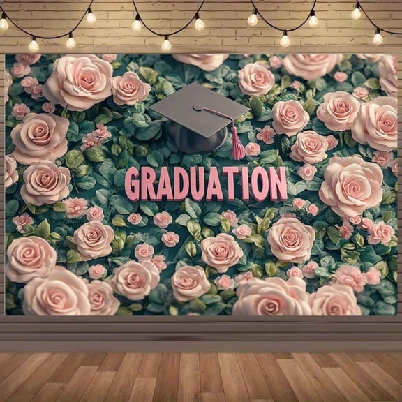 Pink Graduation Backdrop Blush Roses Congrats Grad Background Greenery Leaves Class of 2026 Graduate Prom Party Decorations Banner Supplies Photo Booth Props