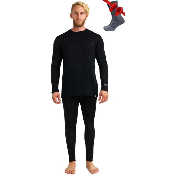 Merino.tech Men’s 100% Merino Wool Lightweight Base Layer Top and Bottom Set Includes 𝗕𝗼𝗻𝘂𝘀 Hiking Socks