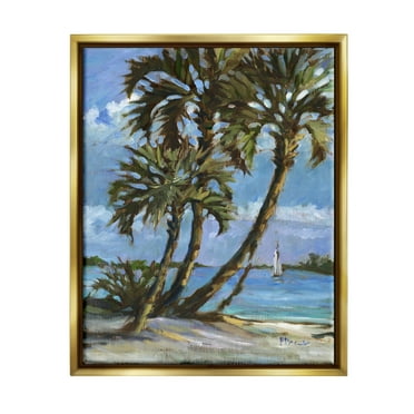 Stupell Industries Sailboat Tropical Shore Transportation Painting Gold Floater Framed Art Print Wall Art, 17 x 21
