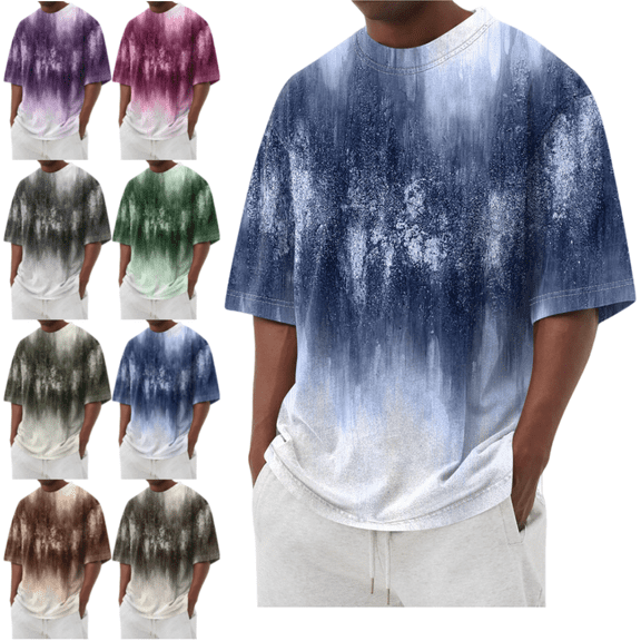 LRGSHF Men's Graphic Crew Neck T shirt Casual Summer Short Sleeve Gradient Color Comfortable Beach Tops