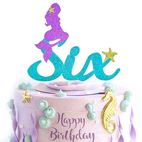 6th Mermaid Happy Birthday Cake Topper Blue Gold Glitter Under The Sea Theme Photo Decor Picks For Baby Shower And Wedding Party Six Years Old Decorations Supplies Walmart Com Walmart Com