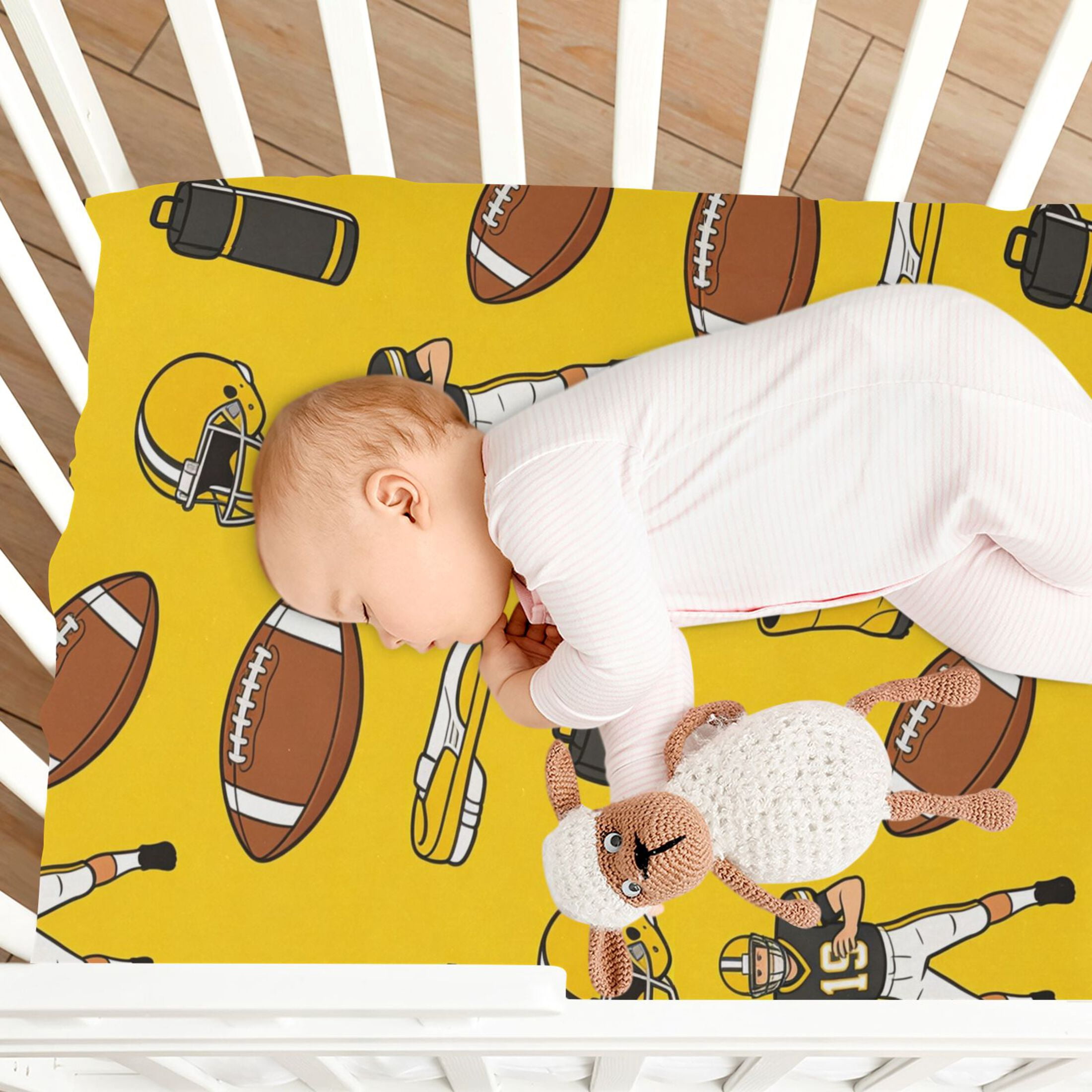 Baby Essentials 52”x 28”- Standard Cotton-like Modal Elastic- Yellow Rugby Ball Design Crib Sheets for Newborns and Toddlers
