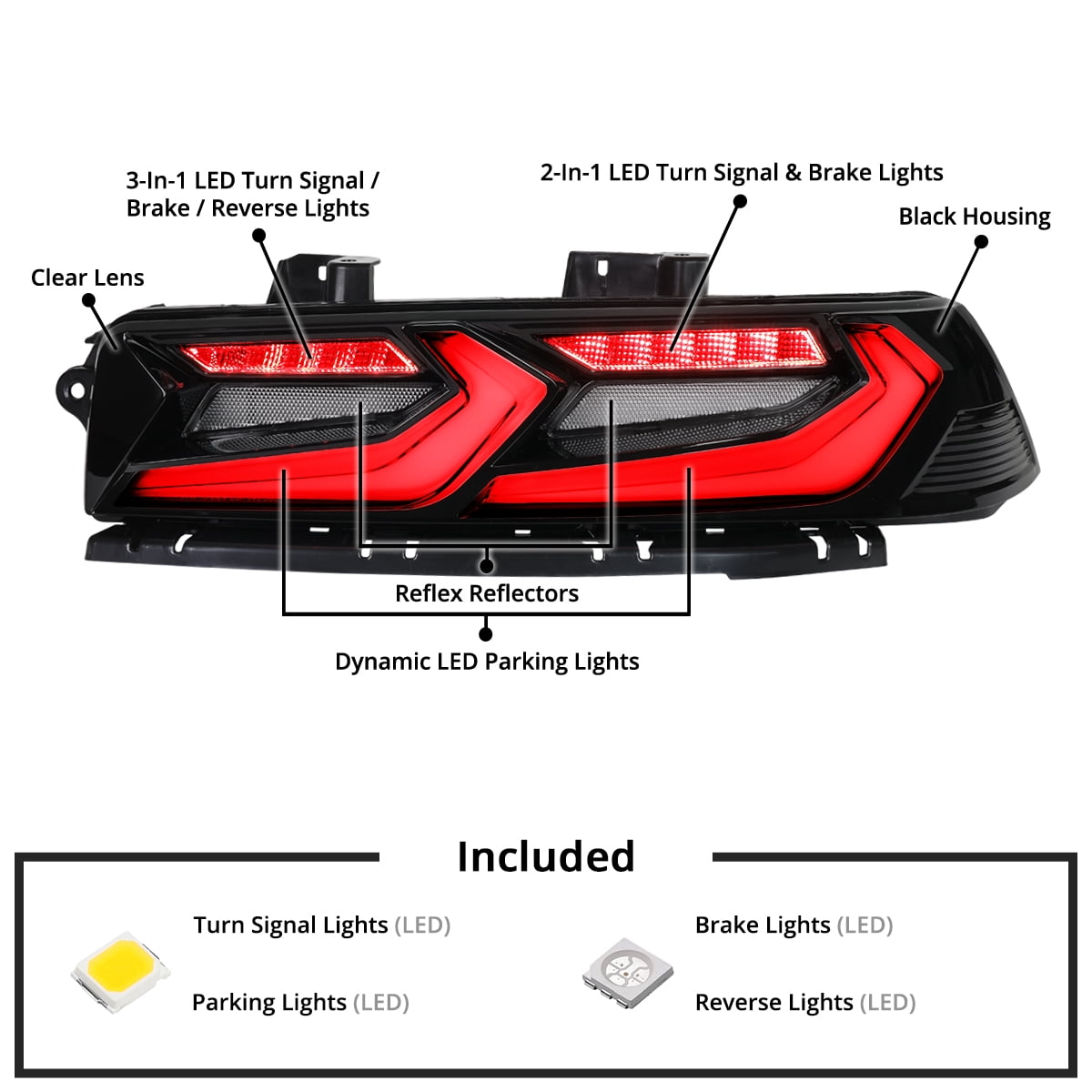 Spec-D Tuning Black Dynamic Full LED Tail Lights w/ Startup Animation Compatible with 2014-2015 Chevy Camaro, Left + Right Pair Assembly