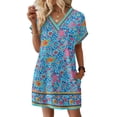 thumbnail image 2 of Women's Fashionable Floral Print V-Neck Short Sleeve Dress with Pocket, Casual Pullover Summer Dress, Comfortable Loose Fit, Stylish Ladies Wear,Blue,2XL, 2 of 8