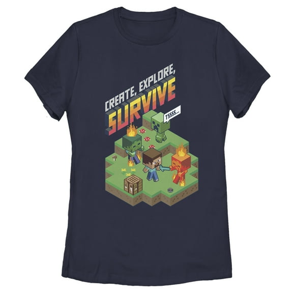 Women's Minecraft Steve Create Explore Survive Graphic Tee Navy Blue Large