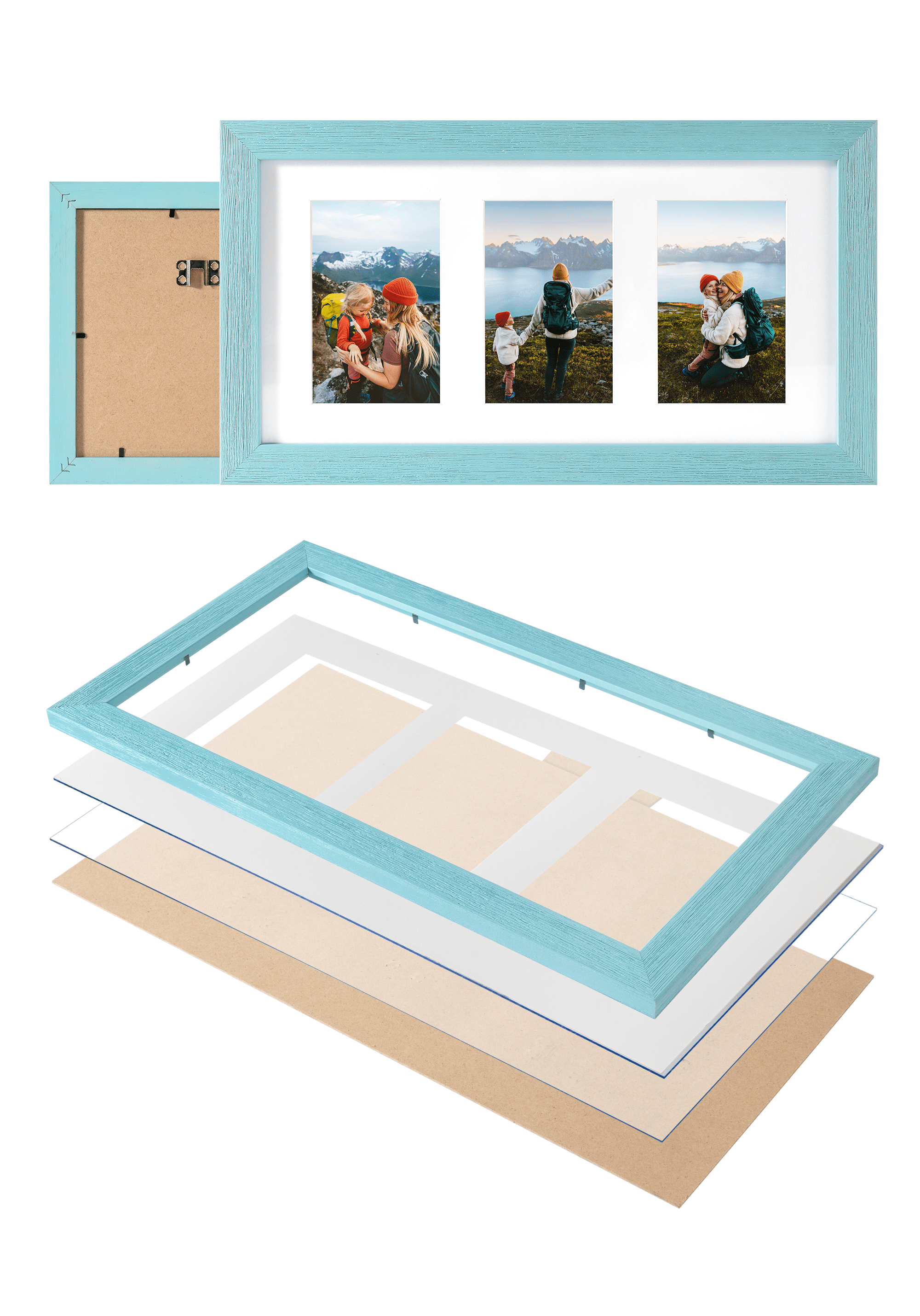 Rustic Solid Wood Collage Photo Frame 8x16 – Display Three (3) 4x6 Pictures with Mat, Horizontal or Vertical for Wall and Tabletop - Blue