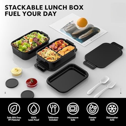 Adult Bento Box Lunch Box - Large Style Stackable Bento Lunch Box for Adults, 72oz All-in-One 3 Layers Bento Boxes Leak-Proof Lunchbox with Utensil Sauce Containers for Dining Out,Work, Black