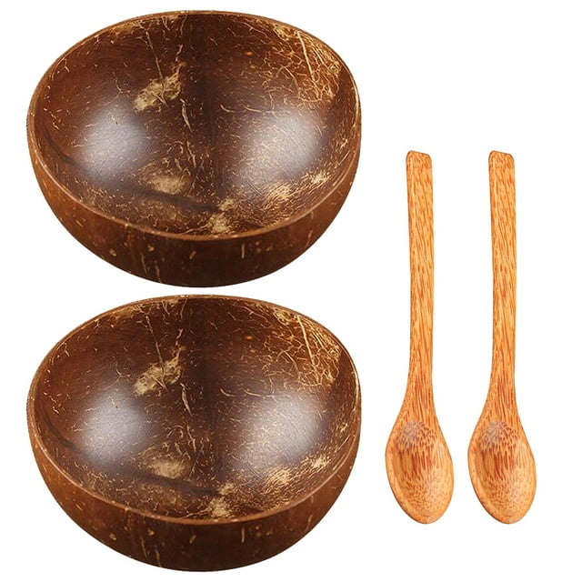 KAKOWELY Coconut Bowl 1 Set 4Pcs Bowl and Spoon Kit Premium Coconut Bowl and Spoon Coconut Shell Bowl for Dessert Salad (Bowl Spoon for Each 2Pcs Assorted Color)