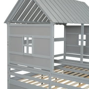 Twin Wood House Double Platform Beds with for Kids, Gray
