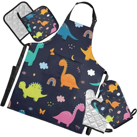

Bestwell Rainbow Dinosaur Kitchen Apron Sets 1 Waterproof Apron with Pockets 2 Oven Mitts & 2 Pot Holders Kitchen Accessories Set Adjustable Strap for Kitchen Cooking