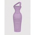 thumbnail image 2 of Lilac Purple Ruched One Shoulder Bodycon Midi Dress, Elegant Evening Dress For Women, 2 of 5
