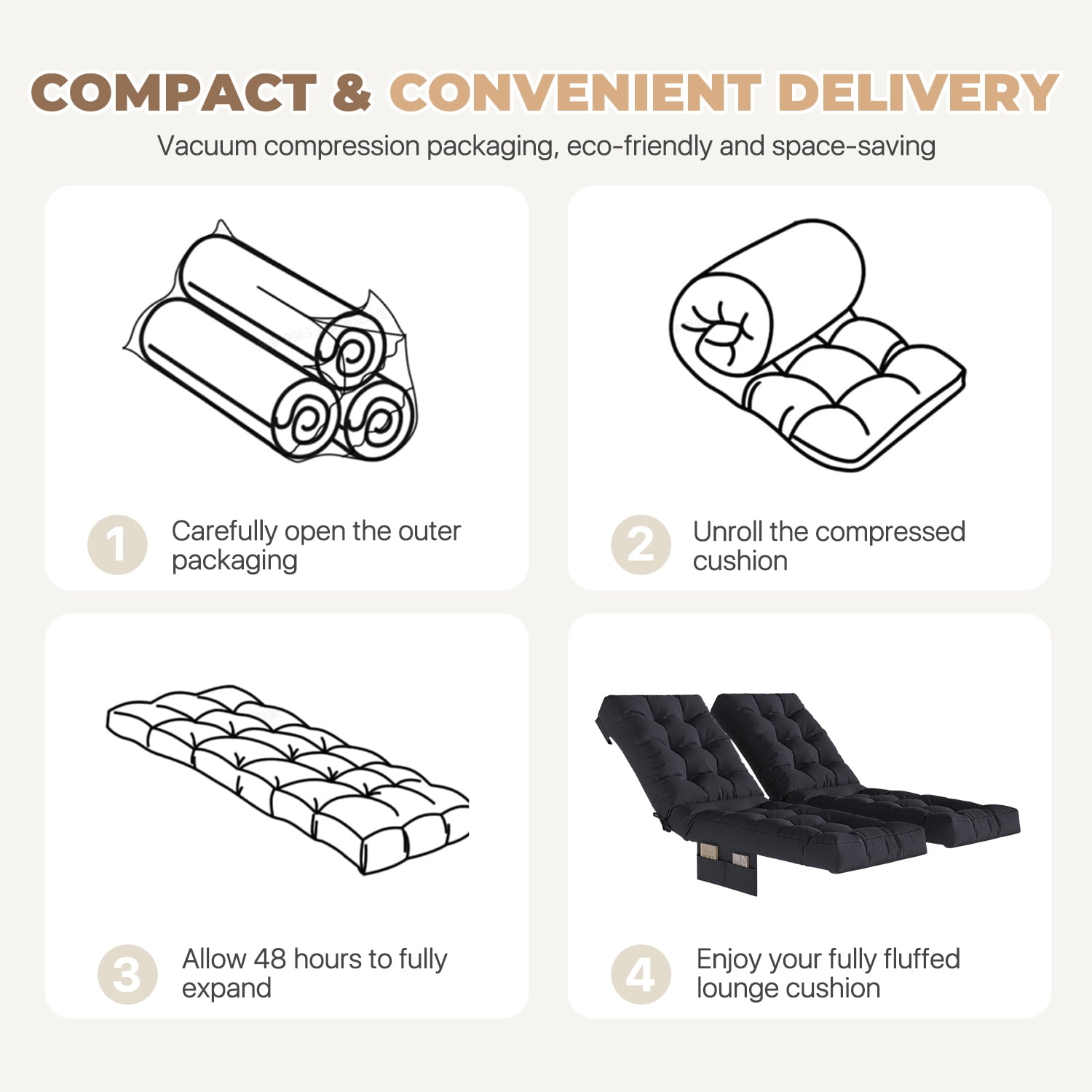 BaPiPro Black 2-Pack Outdoor Chaise Lounge Cushion with Side Pocket, Triple Non-Slip Fixation, All-Weather Durable & Soft Fabric, Thickened Padding, Ideal for Patio and Poolside Use