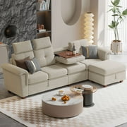 Convertible Sectional Sofa with Storage, 4 Seat L Shaped Couch with Chaise and Cup Holder, Modern Microfiber Fabric Sofas Couches for Living Room, Beige