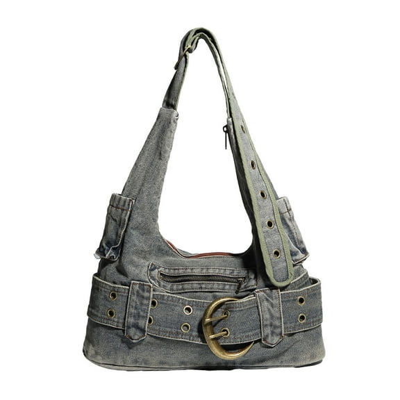 Vintage Washed Denims Shoulder Handbag with Multiple Pockets for Women Large Capacity Eyelets Buckled Crossbody Bag