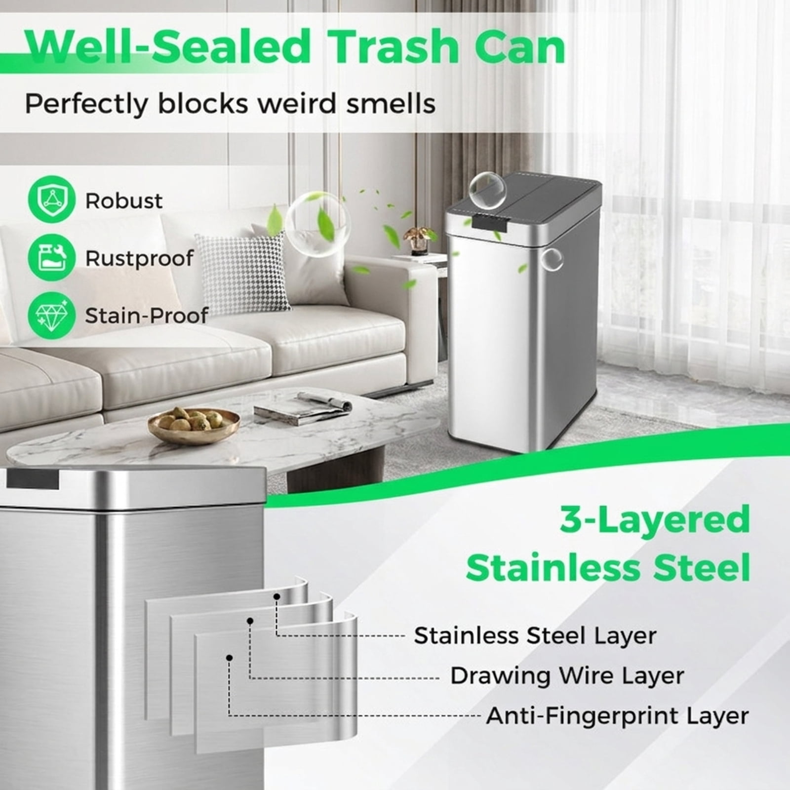 RUIE 13.2 Gallon Slim Kitchen Trash Can with Sensor, Stainless Steel Motion Sensor Garbage Can with Wing Lids, Silver