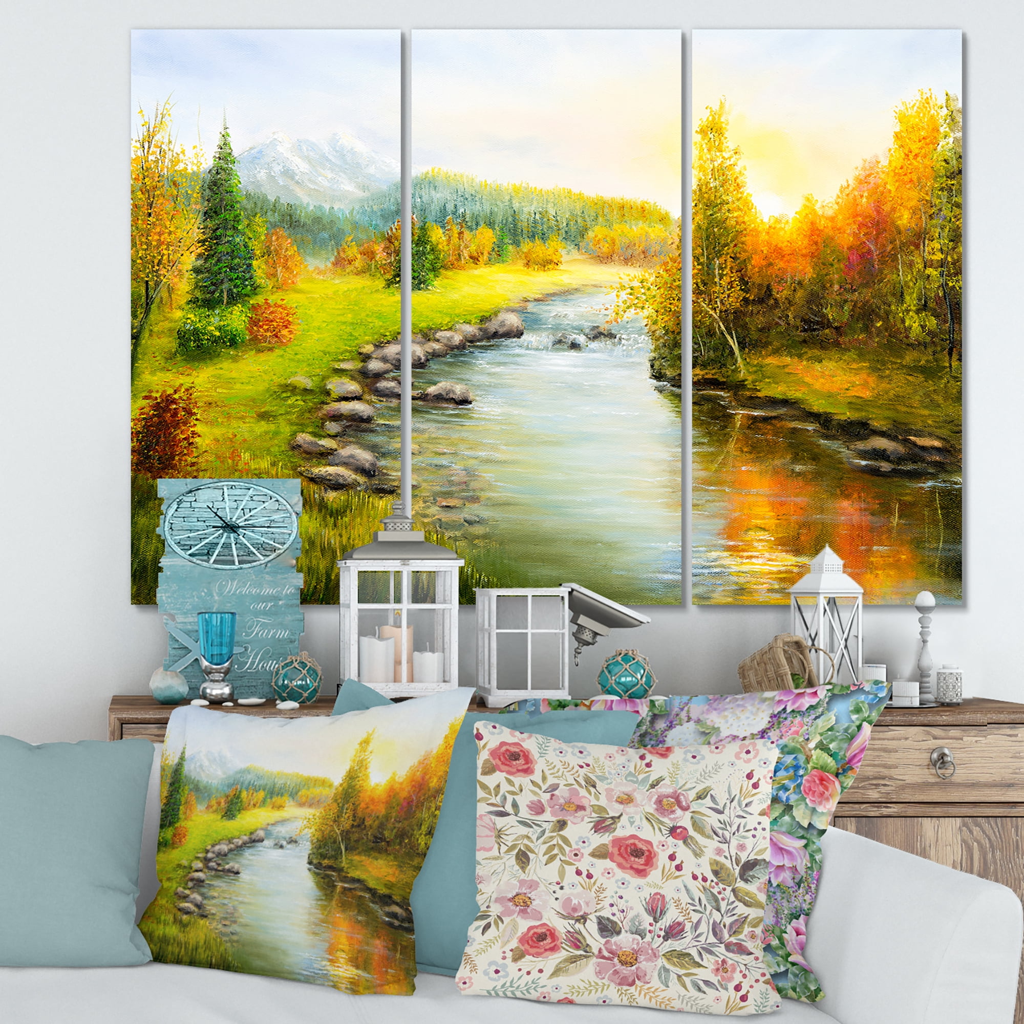 Designart ' Autumn Landscape With Forest River and Mountains ' Lake House Canvas Wall Art Print