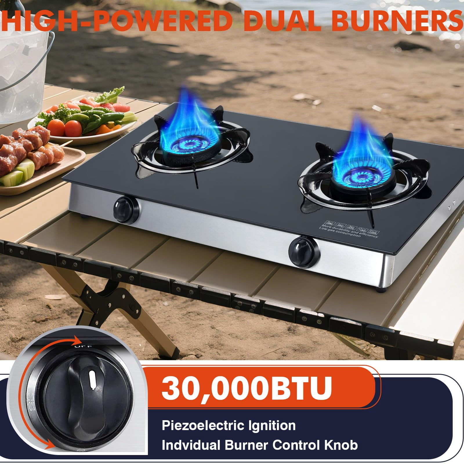 Frizi 2 Burner Propane Gas Cooktop, Portable  Double Burner Camping Stove with Auto Ignition, 19,000 BTU, CSA Certified Regulator & Hose,