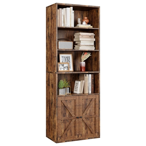 Estilo rural-style 6 niveles freestanding de madera estante con doors y abiertos estantes, industrial look, retro brown para sala de estar, dormitorio, oficina
