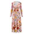 thumbnail image 5 of FKELYI Fall Maxi Dress for Women Long Sleeve V Neck Wedding Guest Dresses Pink Colorful Flower Print Flowy A-Line Elegant Dress with Pockets, 2XL, 5 of 6