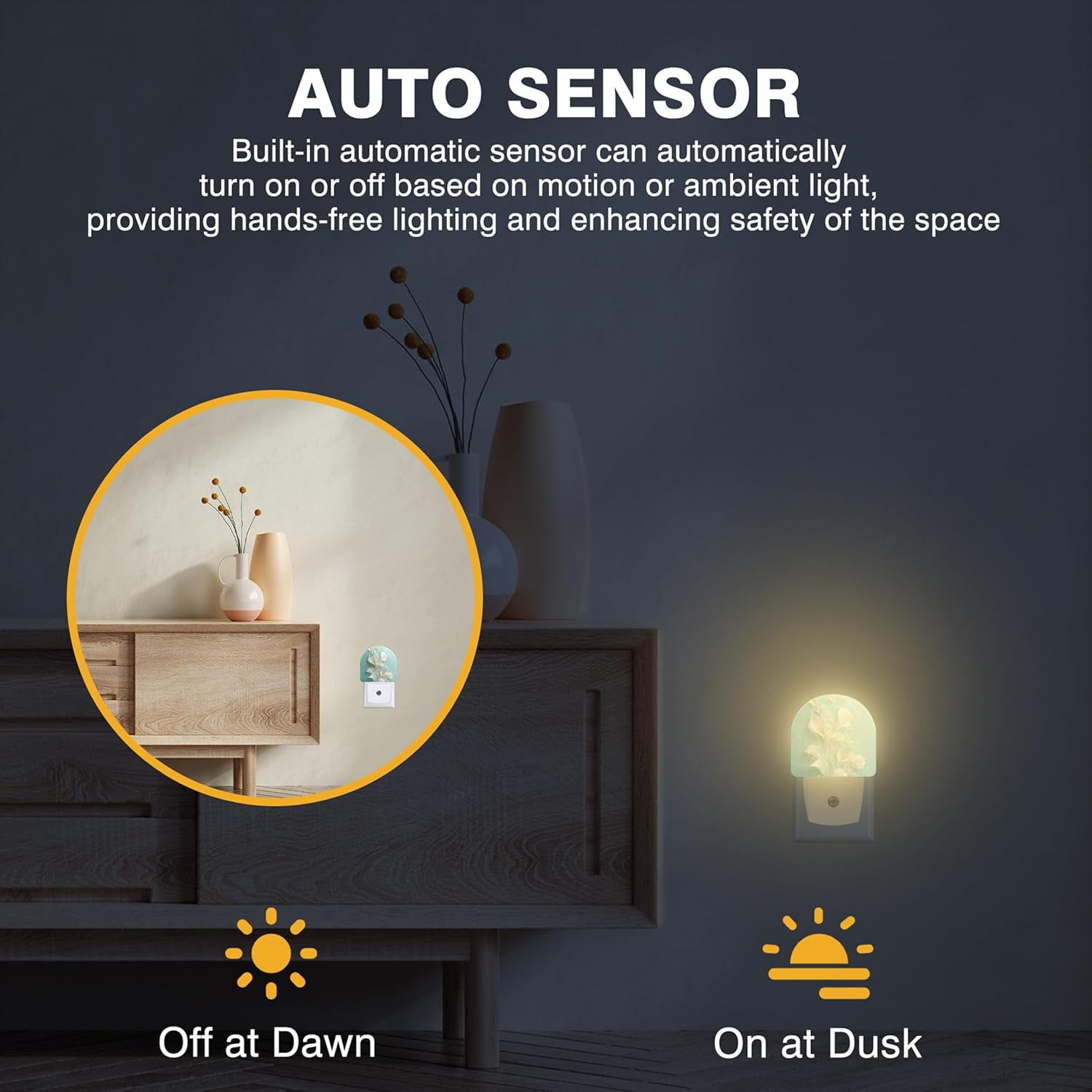 RGHJAR-Night Light, White Calla Lilies and Butterflies Night Lights Plug into Wall Dusk to Dawn Sensor Round Nightlight for Women Men Energy Efficient Led Lamp 0.5W for Stairway Hallway Bedroom