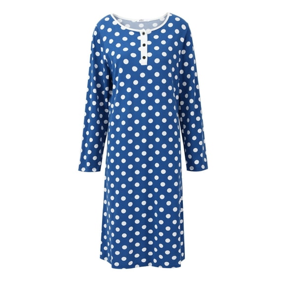 Women's Polka Dot Nightgown Button Long Sleeve Sleepwear Loose Crew Neck Pajama Dress