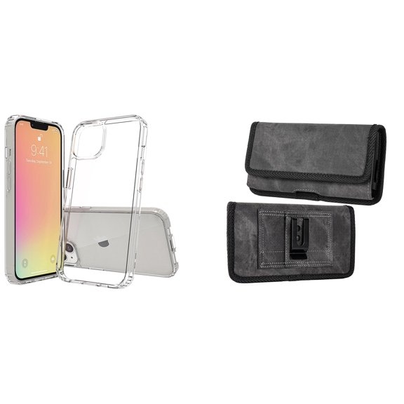 Bemz Case and Pouch Bundle for iPhone 14 Pro: Fusion Protector Slim Case (Transparent Clear) and Rugged Denim Nylon Belt Holster (Grey)