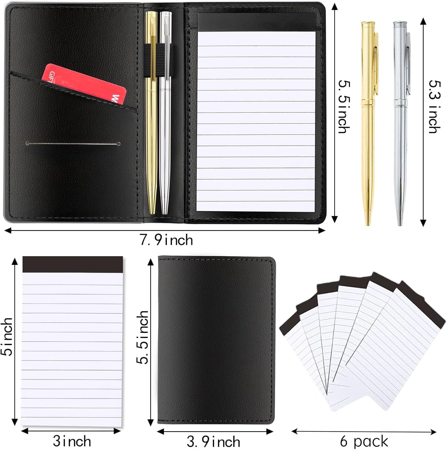 9 Pieces Mini Pocket Notepad Set,Included Leather Pocket Note Pad Holder,180 Sheets 6 Pack 3×5 Inch Small Notebook Refills,2 Metal Ballpoint Pens