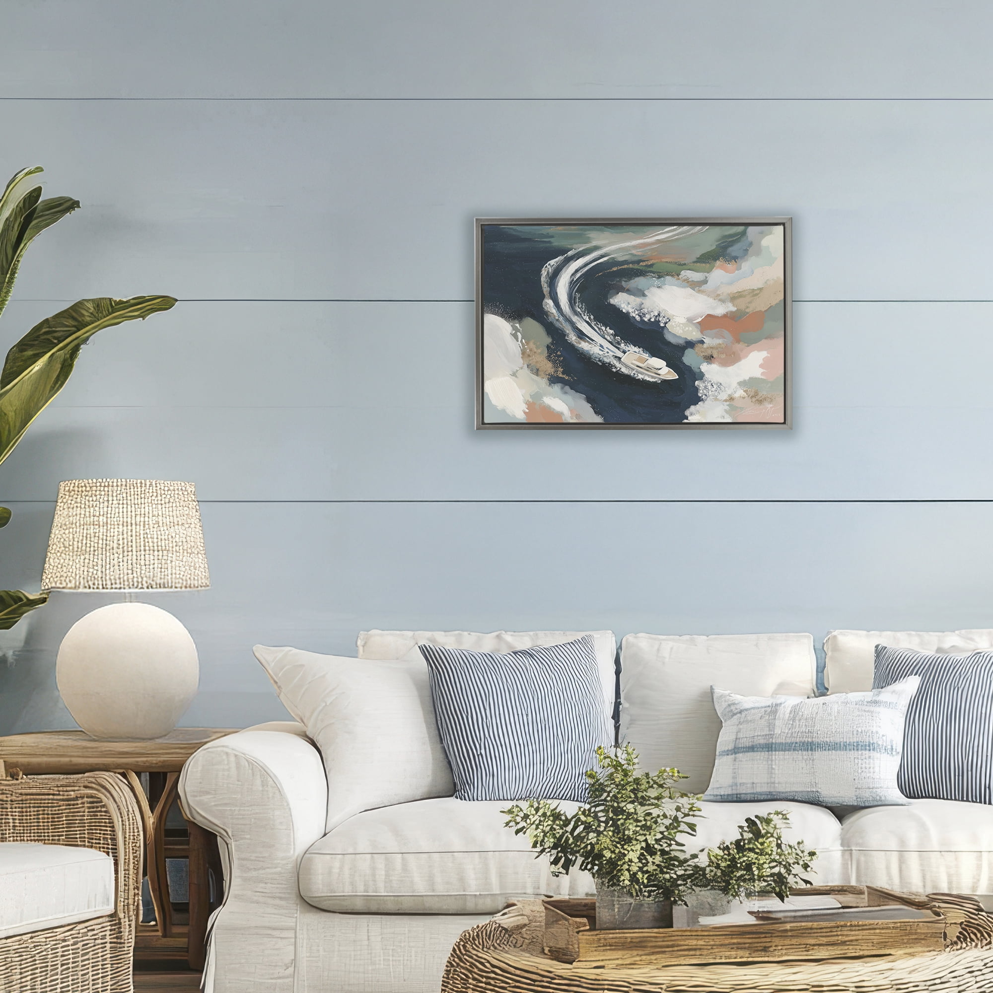 Stupell Industries Boat Wake From Above Gray Framed Floater Canvas Wall Art, design by Chromatic Storm Studio