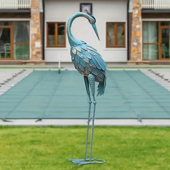1pc Standing Garden Crane Statue For Outdoor, Metal Bird Garden Sculpture, Art For Backyard Patio Lawn Yard Decoration, Cyan