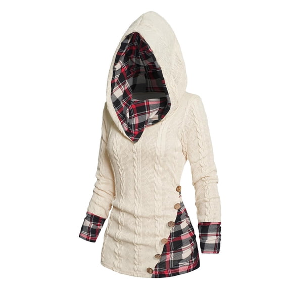Aobny Button Fitted Womans Sweaters Beige Long Sleeve Hooded Checkered Cable Knit Pullover Juniors Sweaters Trendy