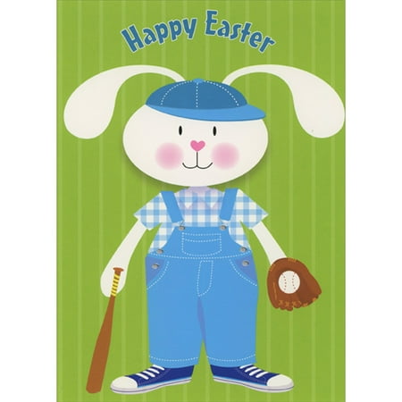 Designer Greetings Baseball Bunny Wearing Blue Overalls and Cap Juvenile Easter Card for Boy