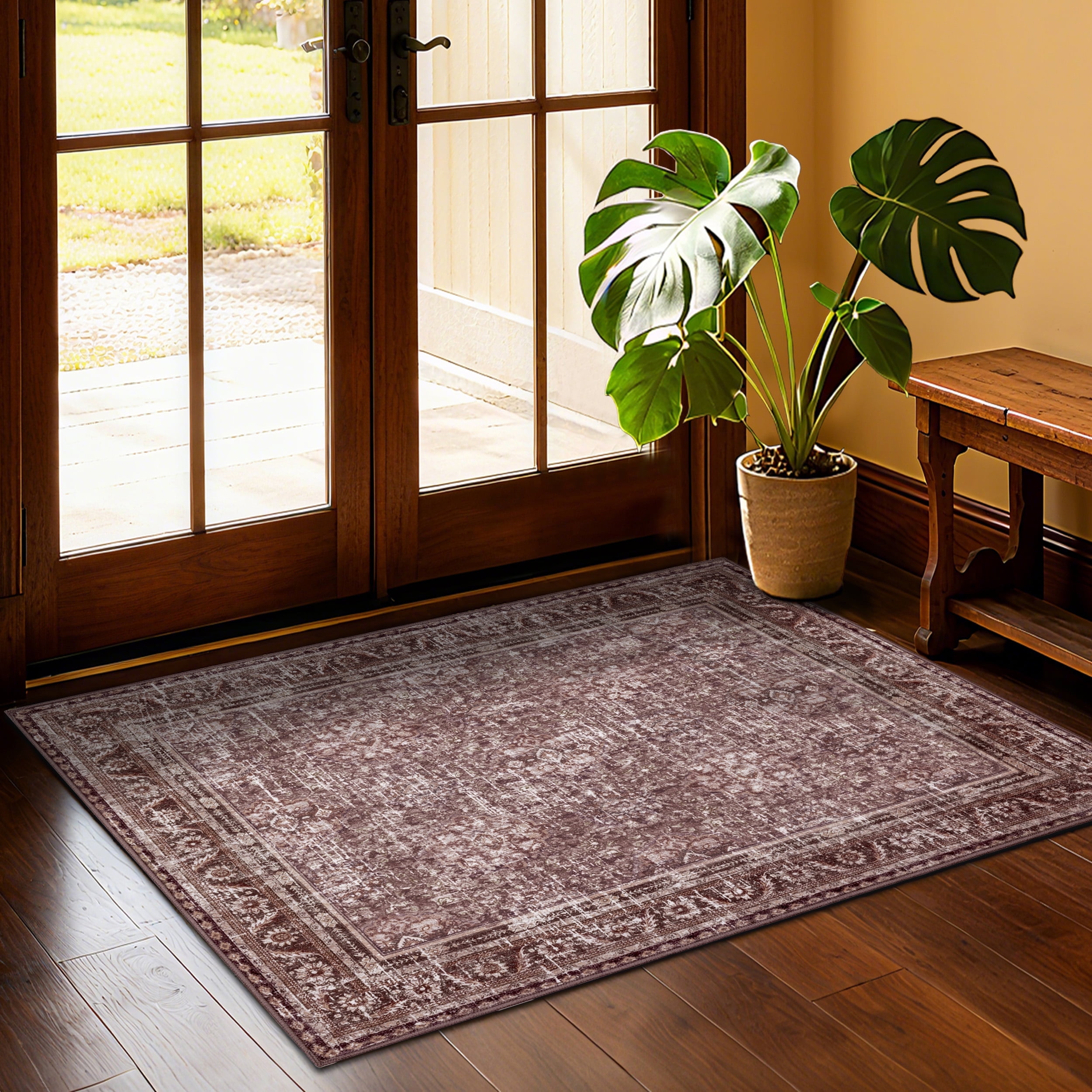 ARJINCUTE Distressed Vintage Brown Front Door Entrance Doormat 3'x5', Non-Slips Traditional Farmhouse Floor Carpet, Machine Washable
