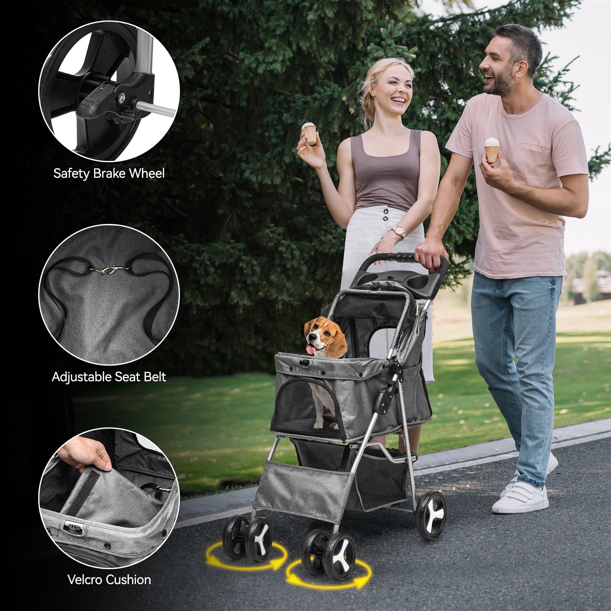 Dextrus 4-Wheel Foldable Dog Stroller with Storage Basket & 360° Rotating Wheels – Lightweight Pet Stroller for Small to Medium Dogs and Cats, Gray