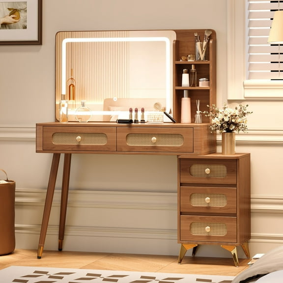 Yoneston 47" Vintage Makeup Vanity with LED Mirror and 3 Color Modes & Adjustable Brightness, Dressing Table with 5 Drawer & Storage Shelf for Gilrs Women, Walnut
