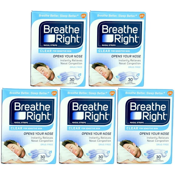 Breathe Right Nasal Strips Clear Large, 30 Drug-Free Strips for Sensitive Skin (pack of 5)