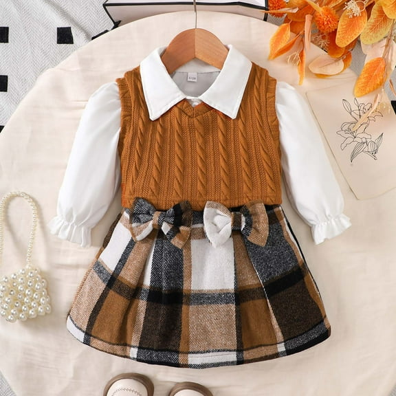 GBSYEWXS Toddler Child Girls Outfits Sets Plaid Print Sweater Skirt Long Sleeve Lapel Neck Trendy 3Pc Clothing Set Brown Size 9-12 Months