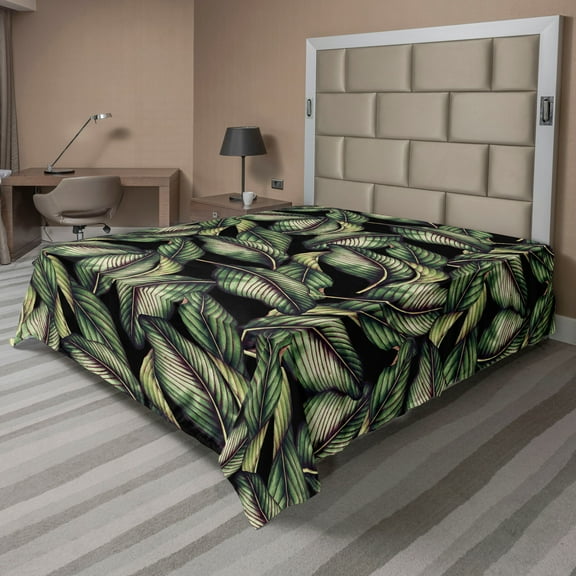 Ambesonne Tropical Flat Bedding Sheet Soft Top Sheet, Palm Foliage Overlapped, California King, Reseda Green Dark Purple