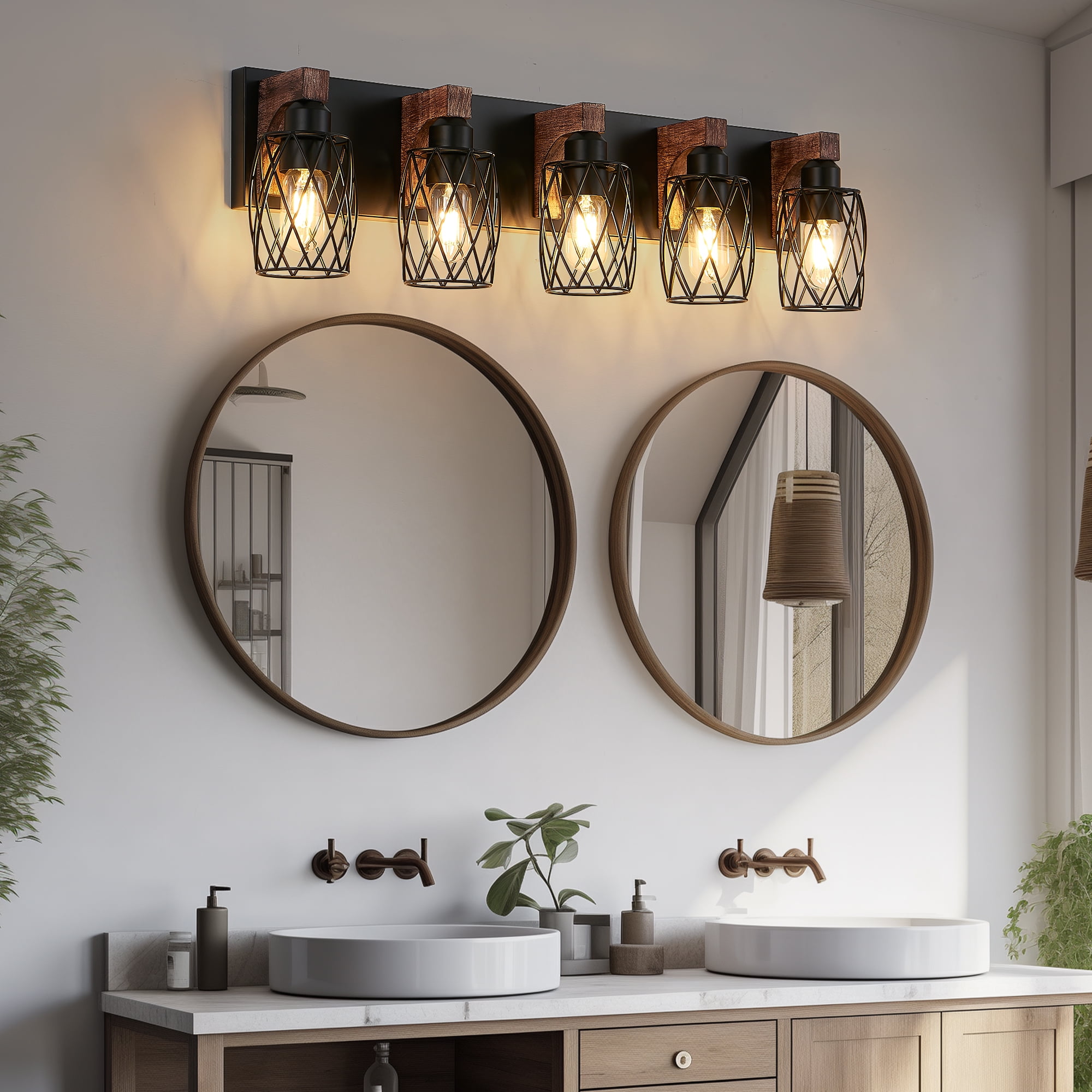 Miniyam 31 in. W 5 Lights Vanity Light Industrial Walnut Black Wall Sconce Black Cage Lighting Fixture for Bathroom Over Mirror, E26, No Bulbs Included