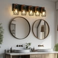 thumbnail image 4 of 31" Industrial Vintage 5-Light Wall Sconce - Black Cage Wall Lighting Fixture with Wooden Accents for Bathroom, Hallway, or Living Room (Bulb Not Included), 4 of 10