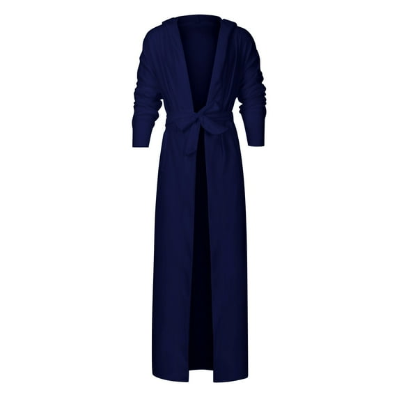 Lenago Men'S Home Autumn and Winter Bathrobe Long Sleeves Lengthened Hooded Robe for Sleeping Soft Hot Spring Bathrobe Dark Blue